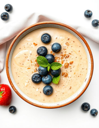 Creamy smoothie bowl with blueberries, strawberries and granola on white backgroundの写真素材