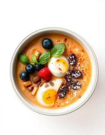 Cup of soup with berries and egg on white background, top view