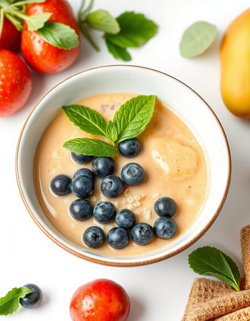 Creamy smoothie bowl with fresh berries and mint on white backgroundの写真素材
