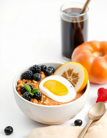 Healthy breakfast bowl with oatmeal, berries, egg and coffee