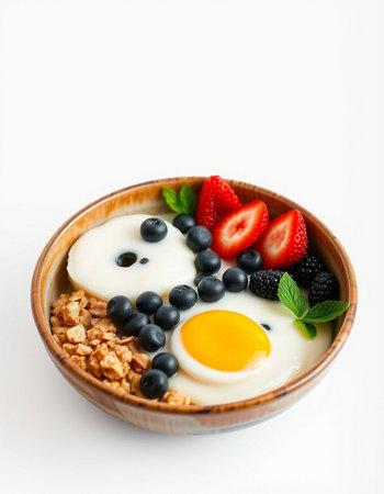 Healthy breakfast with oatmeal, berries and egg on white backgroundの写真素材
