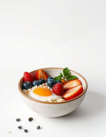 Healthy breakfast with oatmeal, berries and eggs on white background
