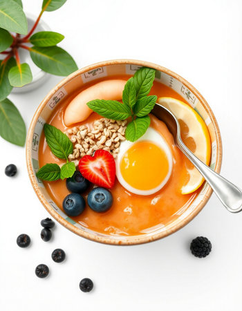 Healthy breakfast bowl with omelet, yogurt, berries and fruits
