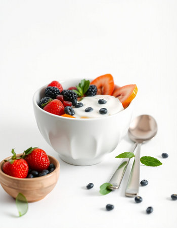 Yogurt with fresh berries in a bowl on a white backgroundの写真素材