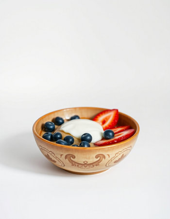 bowl of muesli with strawberries and blueberries on white backgroundの写真素材