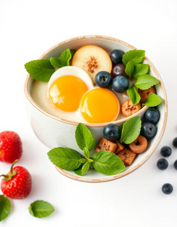 Healthy breakfast with yogurt, eggs and berries on a white backgroundの写真素材