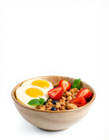 Healthy breakfast with cornflakes, strawberries and egg isolated on white background