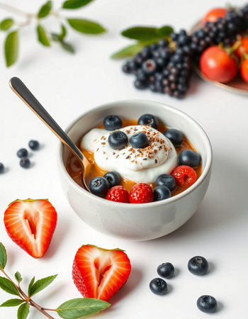 Creamy yogurt with berries in a bowl on a white backgroundの写真素材