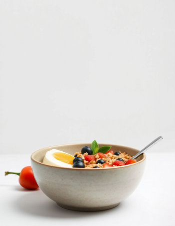 bowl of oatmeal with blueberries and cherry tomatoes on white backgroundの写真素材