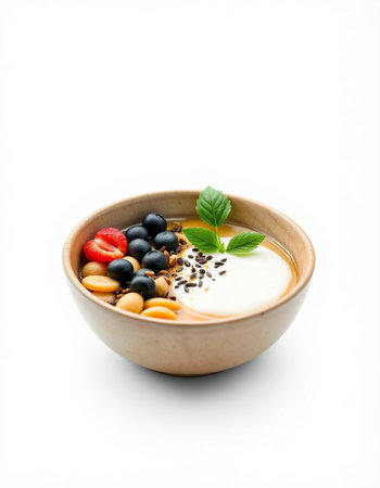 bowl of yogurt with berries and cereals isolated on the white background