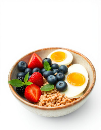 Healthy breakfast with oatmeal, berries and eggs isolated on white