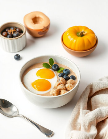 Healthy breakfast - oatmeal porridge with egg, blueberries and pumpkin on white backgroundの写真素材