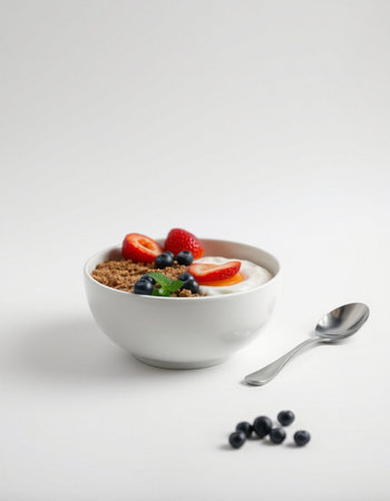 Healthy breakfast. Oatmeal with yogurt and fresh berries on a white backgroundの写真素材