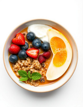 bowl of granola with yogurt and fresh berries isolated on white background
