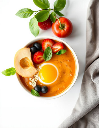 Tomato soup with strawberries, blueberries and oatmeal on white background