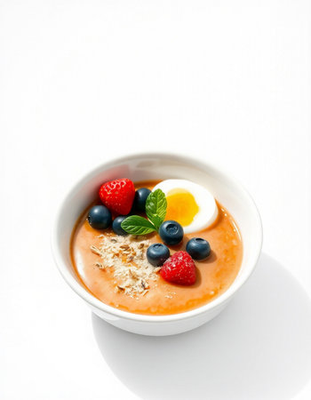 Creamy smoothie bowl with fresh berries and egg on white background