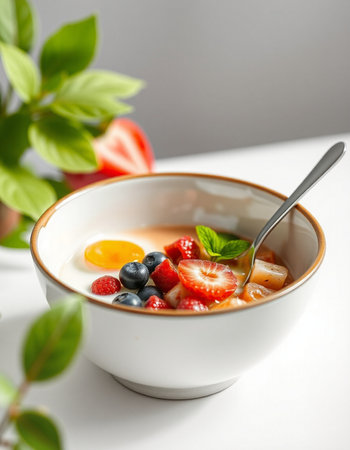 Healthy breakfast. Oatmeal with fresh berries in a bowl on a white background.