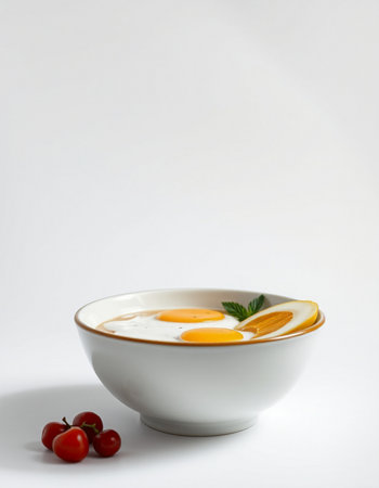 Eggs in a bowl with cherry tomatoes on a white background