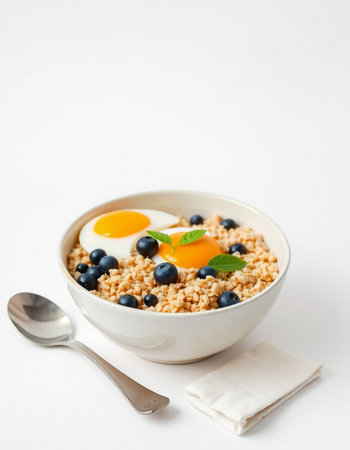 Healthy breakfast with oatmeal, blueberries and egg on white backgroundの写真素材