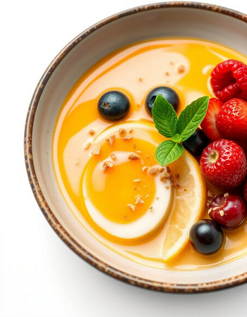 Creamy smoothie bowl with fresh berries and mint on white backgroundの写真素材