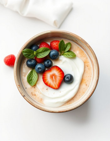 Yogurt with strawberries and blueberries on a white background.の写真素材