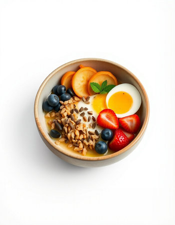 Healthy breakfast with oatmeal, berries and egg on white background