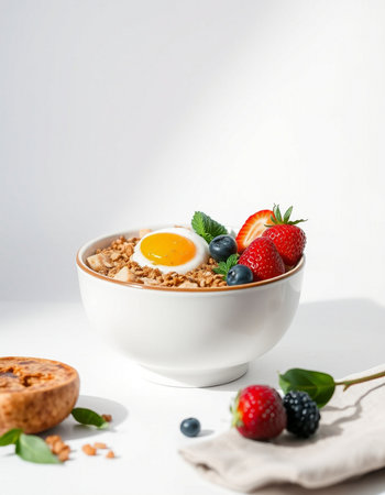 Bowl of muesli with fresh berries and egg on light background
