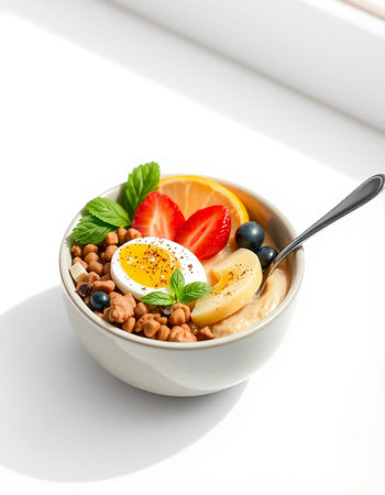 Healthy breakfast with oatmeal, fruit and nuts on white background