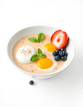 Yogurt with fresh berries and poached egg on white background