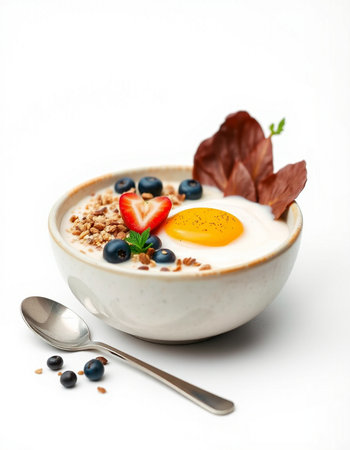 Yogurt with fresh berries and egg in a bowl on white background