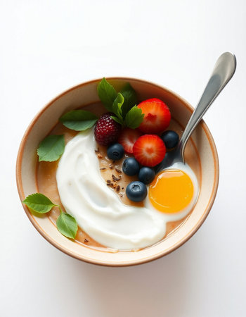 bowl of yogurt with fresh berries and egg yolk on white backgroundの写真素材