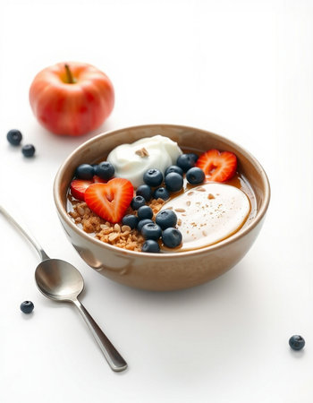 bowl of oat porridge with fresh berries and yogurt on white backgroundの写真素材
