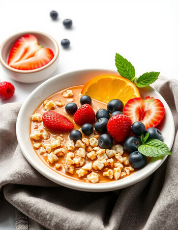 bowl of oatmeal with fresh berries and orange on white background, healthy breakfastの写真素材