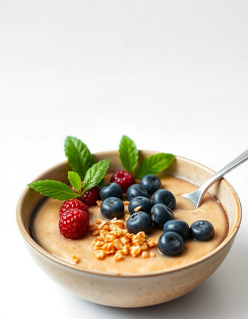 bowl of oatmeal with berries and mint on white background, closeup