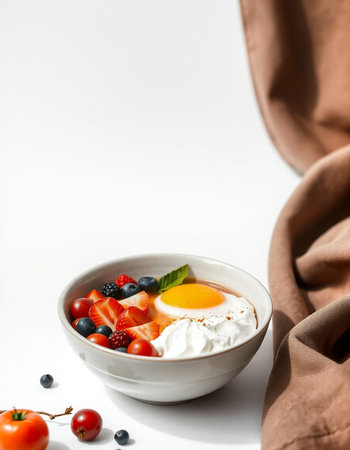 Healthy breakfast. Oatmeal porridge with berries and egg on white background