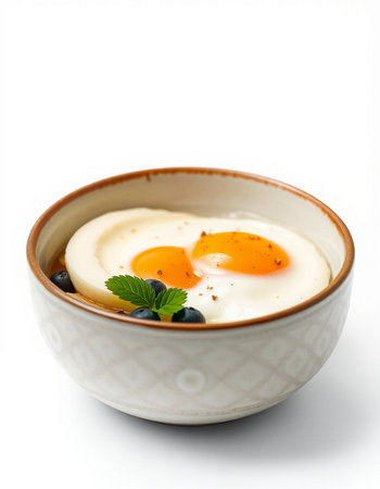 Fried egg in a bowl with blueberries on a white background