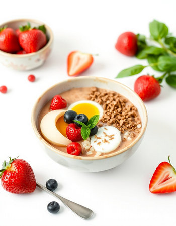 Healthy breakfast. Oatmeal porridge with fresh berries and yogurt on white backgroundの写真素材