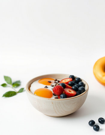 Healthy breakfast with yogurt, berries and donut on white backgroundの写真素材
