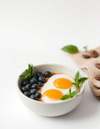 Fried eggs with blueberries and mint in a bowl on a white backgroundの写真素材
