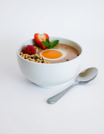 Bowl of muesli with strawberry and egg on white background