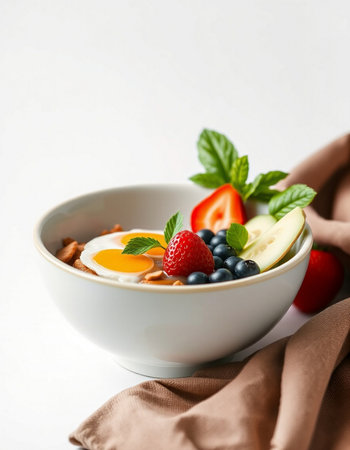 Healthy breakfast bowl with oatmeal, fresh berries, soft focus background