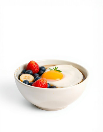 Fried eggs with fresh berries in a bowl on a white background