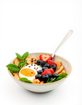 Healthy breakfast with oatmeal, berries and egg on white backgroundの写真素材