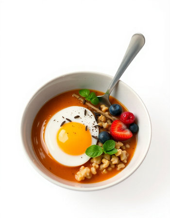 Healthy breakfast with omelet and berries in a bowl on white backgroundの写真素材