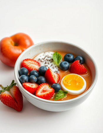 Healthy breakfast bowl with yogurt, strawberries, blueberries and honey