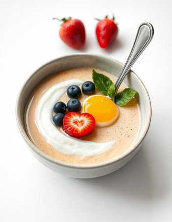 yogurt with fresh berries and egg yolk on white backgroundの写真素材