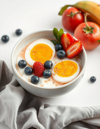 Healthy breakfast with yogurt, berries and eggs on a white backgroundの写真素材