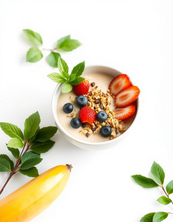 Healthy breakfast - muesli with fresh berries on white background