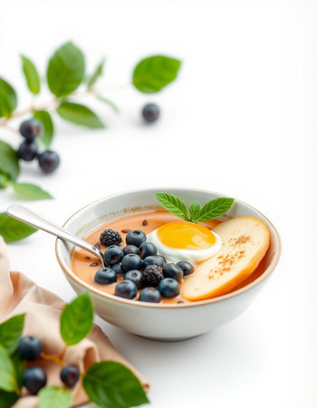 Blueberry soup with egg in a bowl on a white background.の写真素材
