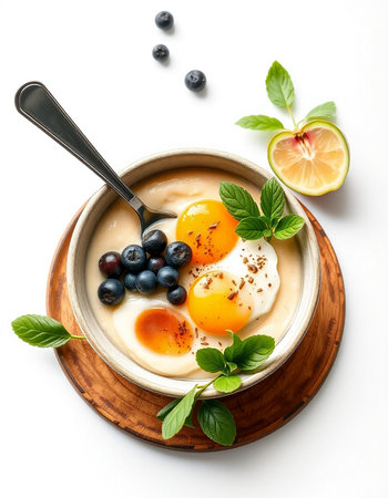 Healthy breakfast with yoghurt, eggs, blueberries and mint on a white background